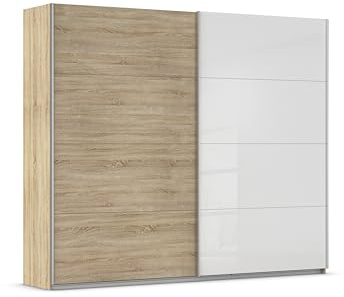 Rauch Möbel QUADRA, Schwebetürenschrank, Eiche Sonoma/Glas Weiß, 270 cm | Kleiderschrank mit Schwebetüren, Schiebetüren, 2-türig, für Schlafzimmer, Kinderzimmer, Jugendzimmer, Garderobe