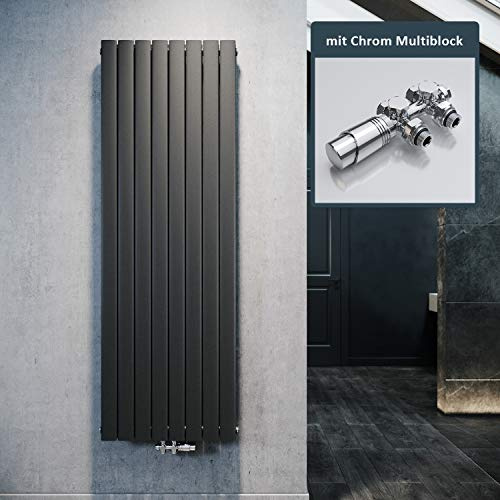 ELEGANT Design Flach Heizkörper 1800x619mm mit Chrom Multiblock Thermostat Flachheizkörper Anthrazit Doppellagig Vertikal Heizkörper Mittelanschluss