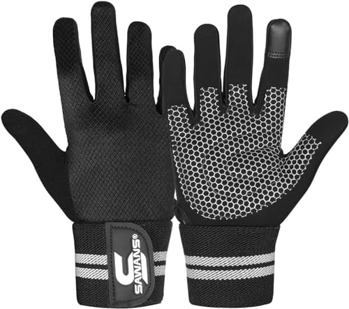 SAWANS Weight Lifting Gloves Gym Workout Fitness Wrist Wrap Support Men Women Fingerless Gloves Full Finger Touchscreen Padded Non Slip Palm Bodybuilding Training Grip (Full Finger Black, M)