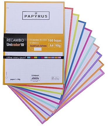 UNIPAPEL 53392499. 160 ark A4, 10 Band Färg, Grid 5x5, 90g, Papyrus - Unicolor 10