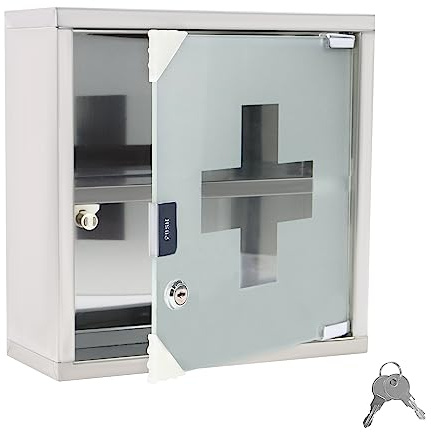 NAIZY Medizinschrank 2 Fächer Apothekerschrank aus Edelstahl mit Gefrostet Glasmagnettür & 2 Schlüssel Medikamentenschrank abschließbar Hängend Arzneischrank, 30x12x30cm