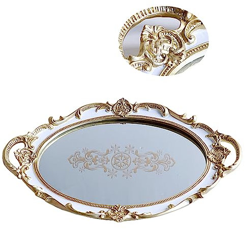 Amosfun Plateau De Rangement Ovale Résine Avec Miroir Support Pour Accessoires Et Bijoux Décoration Chic Pour Maison Fleurs Blanches