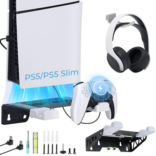 LYtech PS5/PS5 Slim Wandhalterung mit Controller Ladestation, Kompatibel PS5/PS5 Slim Halterung Wand Controller Halter Headset Halter für PS5 PS5 Slim Digital & Disc mit 2 Controller-Halter
