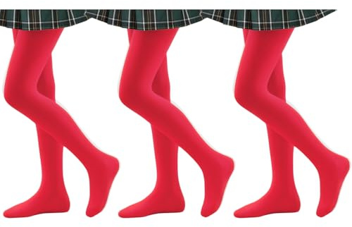 3 Pairs Girls Tights Kids Microfiber School Uniform pantyhose Tights for Schoolwear Ballet Dance Age Red 8-10 Years