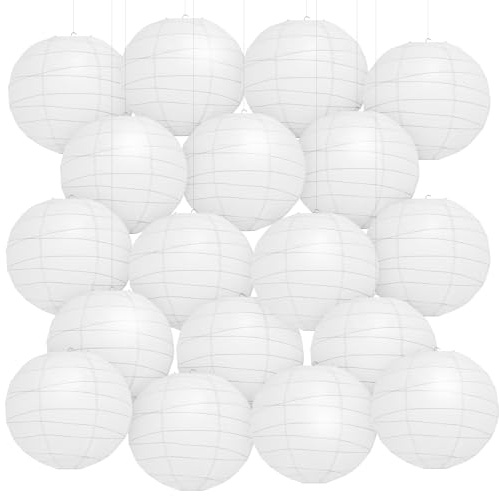 Encham 20 Stück Papierlaternen Weiß 25CM Groß Lampions Rund Lampenschirme für Feiertagen Hochzeiten Halloween Weihnachten Party Geburtstage Gartenparty Babyparty Innen und Außen Party deko weiß