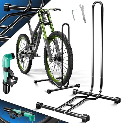 KESSER® Fahrradständer Boden einzeln für Mountainbike, E-Bike, Citybike, Rennrad, MTB | Fahrrad Montageständer | Freistehender Fahrradhalter Ständer Eisen | Reifenbreite bis 65mm | Inkl. Luftpumpe