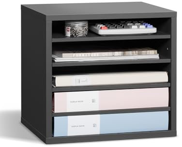 VEVOR Literature Organizer, 5 Compartments Office Mailbox with Adjustable Shelves, Wooden Mailbox Sorter Medium Density Fiberboard Office Home Classroom Storage for Files, Documents, Papers, Grey