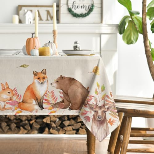 Artoid Mode Tovaglia autunnale con motivo cervo sika, scoiattolo, volpe, animali, foglie, 140 x 180 cm, biancheria da tavola stagionale, protezione anti-macchia, decorazione da cucina, decorazione per