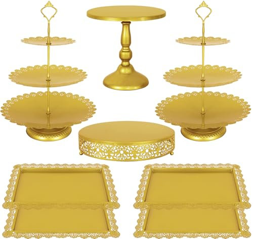 Fivenl 8 Pcs Cake Stand Gold Metal Dessert Table Display Set, 3-Tier Cupcake Stand, Cake Display Tower and Cookie Tray Rack Serving Tray for Birthday Party, Weddings, Baby Shower (Gold)