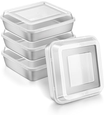 Herogo 8''x 8'' Square Cake Pan, Stainless Steel Square Baking Pan with Lid, Rectangle Cakes Brownie Lasagna Bakeware Set of 4, Healthy & Dishwasher Safe