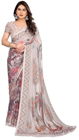 ETHNICMODE indien Sari For femme Printed Georgette Light Weight Jari Party Wear Beige Saree With Unstitched Beige Blouse Piece-1162