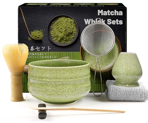 7 Piece Matcha Set, Yellow Resin Matcha Whisk, Macha Tea Set with Matcha Spoon, Whisk Holder, Matcha Brush, Shovel, Strainer, Matcha Accessories Japanese Tea Ceremony - Ribbed Matcha Green