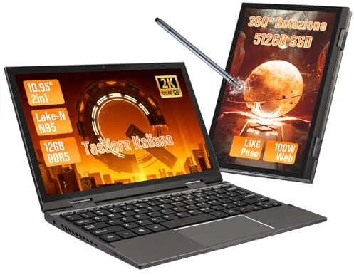 LONGEVINCE Mini-Notebook, ultradünn, 25,6 cm (10,95 Zoll) mit Touchscreen, 360° drehbar, Celeron N95, 2000 x 1200,16 GB DDR5, italienisches Tastaturlayout (Grau, 16+512G SSD)