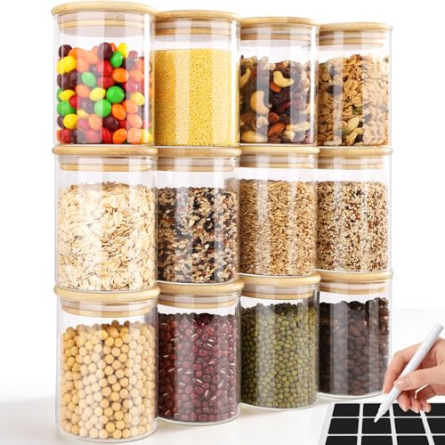 Otauoaea 12 Piezas Botes de Cristal con Tapa, 400ml - Tarros de Cristal con Tapa - Botes Cocina Almacenaje Hermeticos - Frascos Vidrio para Legumbres, Café, Especias, Frutos Secos