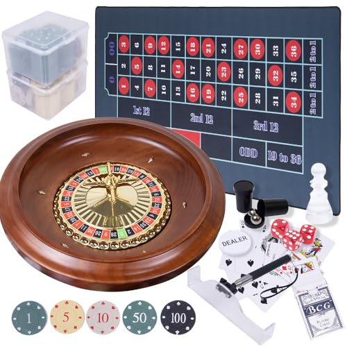 Extguds Roulette Wheel Game Set with Large Felt, 16 Inch Roulette Wheel, Retractable Chip Rake， 200 Chips, Roulette Marker, 2 Decks of Cards, 3 Dices, Canvas Bag, Commonly Used Games at Parties