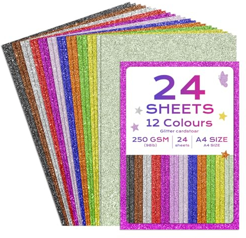 Flintronic 24 Blatt Glitzer Papier A4 Bunt, Glitzerpapier zum Basteln, 250 g/m² Papier Bastelpapier Bastelkarton 12 Farben, Bastelkarton Buntes Papier für Malen Kartenherstellung Einladungen Scrapbook