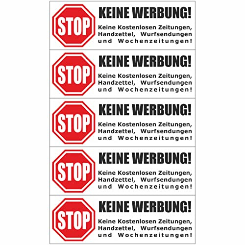 Briefkastenaufkleber - Achtung Stop Bitte keine Werbung! 5 Aufkleber weiß - 105x35mm - Keine kostenlosen Zeitungen, Handzettel, Wurfsendungen und Wochenzeitungen!