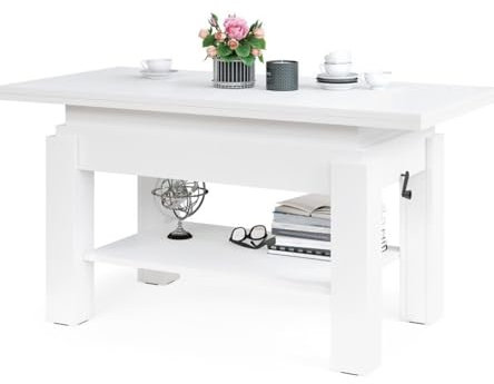 Schöner All4All Couchtisch Bresso 130x65 - Wohnzimmertisch - Klapptisch - Couchtisch höhenverstellbar - mit Ablagefach - Sofatisch mit Stauraum - Weiß 05