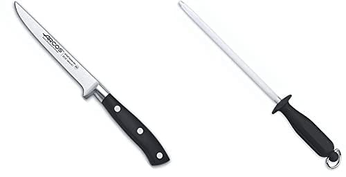 Arcos Serie Riviera, Cuchillo Deshuesador Color Negro + Serie Chairas, Chaira Afilador Manual De Cuchillos, Cuerpo De Acero Al Carbono Cromado De 230 Mm, Mango De Polipropileno Color Negro