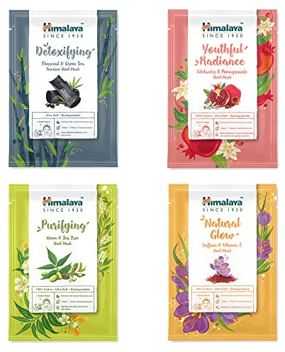 Himalaya Face Sheet Masks Discovery Collection, Variation Pack of Single Use Cotton Facial Sheet Masks, with Hyaluronic Acid for Intense Hydration, Mix SET of 4 Pcs