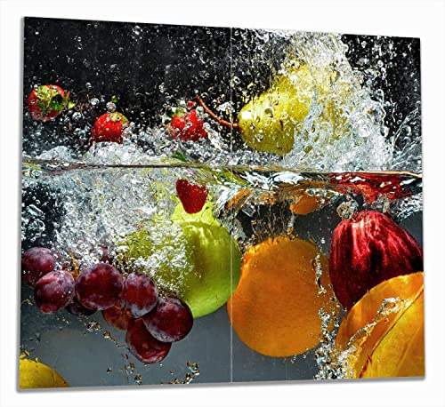 Wallario Herdabdeckplatte/Spritzschutz aus Glas, 2-teilig, 60x52cm, für Ceran- und Induktionsherde, Früchte im und unter Wasser - Splashing Fruits