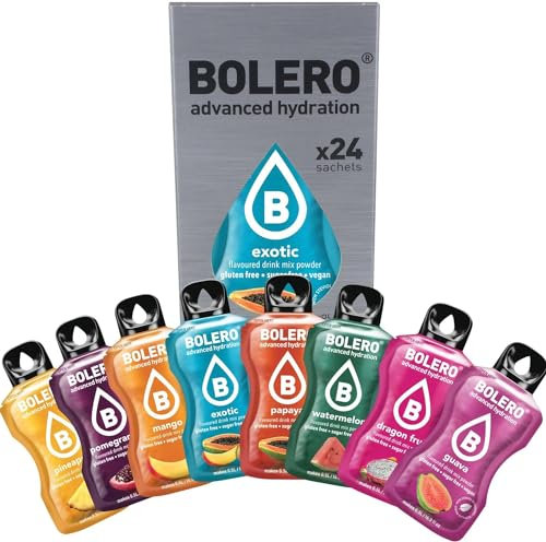 Bolero EXOTIC MIX 24x3g | Polvo de jugo sin azúcar, endulzado con stevia y enriquecido con vitamina C | sin gluten y apto para veganos | Mezcla de diferentes sabores exóticos