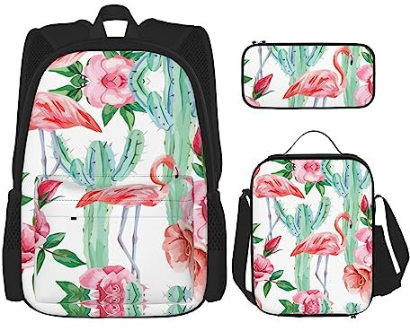 OdDdot Schulrucksack-Set, Reiserucksack, leichte Büchertasche, mit Lunch-Tasche, Federmäppchen, niedlicher Cartoon-Elefantenaufdruck, Kaktus Flamingo Rose Blumen, Einheitsgröße, Schulranzen-Set