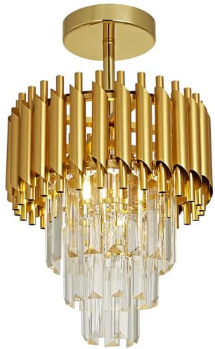 Moderno Led Cristal Colgante Lámpara de araña de cristal de oro de 3 niveles Raindrop Lámpara de araña de montaje empotrado de techo de luz para el comedor Sala de estar Mesa Vestíbulo, D25cm