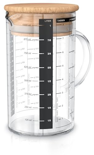 Arendo - 1l Glasbehälter aus Borosilikatglas - 1 Liter Messbecher Glas Krug – präzise Skala – hitzebeständig – Mikrowellen geeignet – Glasbehälter mit Bambusdeckel - Silikondichtung