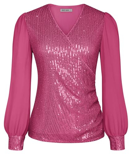 GRACE KARIN Damen Pailletten Bluse Chiffon Langarm Wickelbluse V-Ausschnitt Glitzer Party Tops Festliche Cocktail Oberteile
