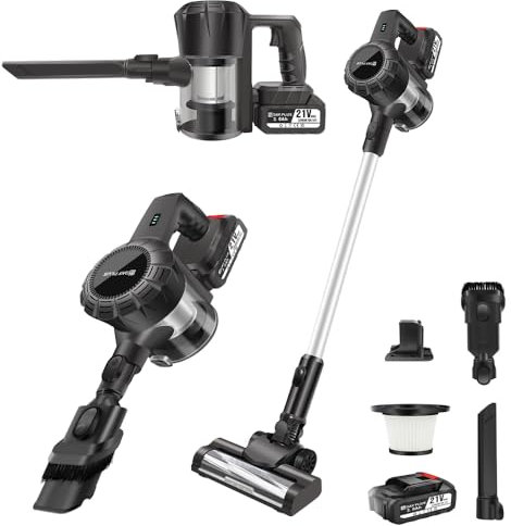 Aspirapolvere a batteria da 21 V con batteria da 3000 mAh, 15 Kpa a batteria portatile, aspirapolvere ricaricabile, aspirapolvere a batteria per pavimenti duri, tappeti, filtri Hepa, luce a LED