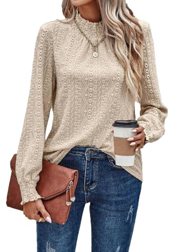 Oheyeseker Blusa de cuello alto para mujer, plisada, texturizada, de manga larga, informal, elegante, a la moda, albaricoque, S