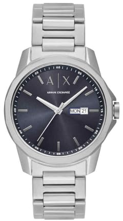 Armani Exchange klocka för män, Quartz Three hand day date movement och 44mm Case Size med rostfritt stål eller läderband, Mörkgrå och ljus silverton