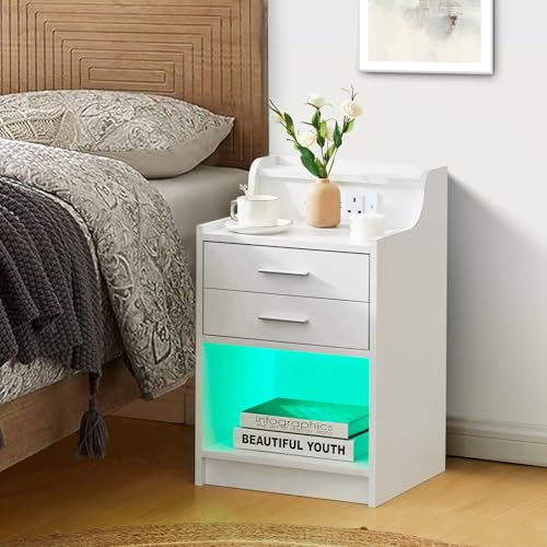 LEMROE White Bedside Table with Charging Station, 2 Drawer LED Side Storage Cabinet, Smart Nightstand for Bedroom, Living Room, 2 USB Port, 2 Outlets, Open Compartment, 40x35x65cm (1)