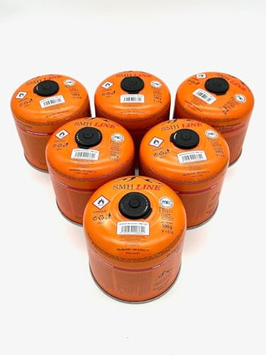 SMH LINE® 6, 12x 500g Butan Schraubkartusche Universalgewinde 7/16 Gaskartuschen Ventilkartusche EN 417 Gewinde Ventil Bunsenbrenner Propan Mix Campingkocher Gaskocher Gasheizung Lötbrenner (6x 500)