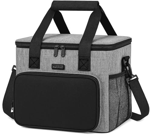 KEPLIN 16L Insulated Cooler Bag Waterproof & Leak Resistant with Shoulder Strap, Side & Front Pockets Portable Lunch Box for Picnic, Camping, Beach, Travel, BBQ- Large Capacity & Durable (Grey)