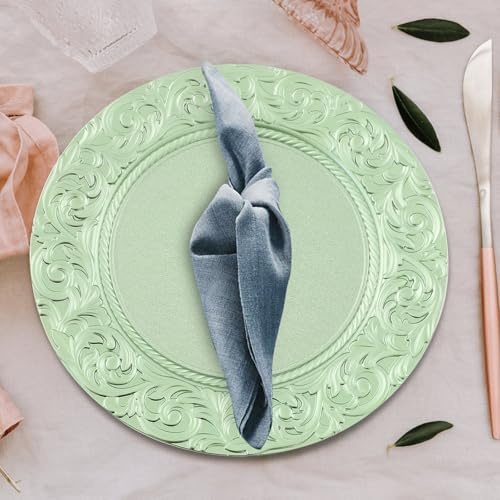 Apriltop 24 Pack Reusable Round Charger Plates with Embossed Rim, Diameter 33cm, for Wedding Party Decoration, Service Plate for Restaurant Hotel (Green)