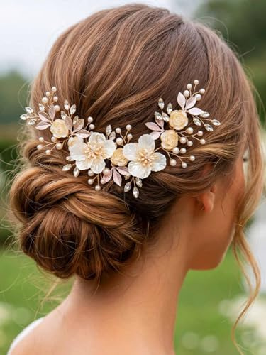IYOU Braut Hochzeits Haarranke Blumen Roségold mit Kamm Braut Brautjungfern Haarschmuck für Damen