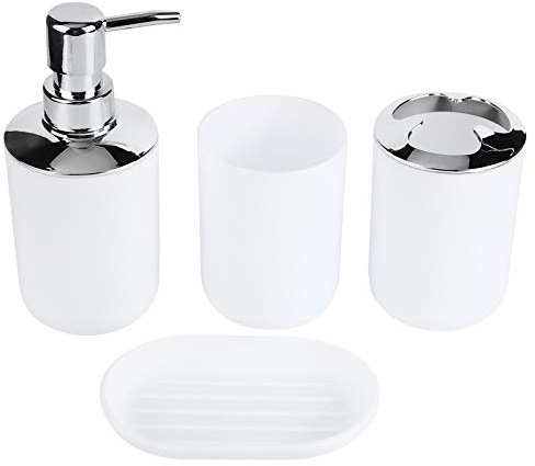 Yinhing Set da 4 Pezzi Kit di Accessori per il Bagno Bottiglie di Lozione in Plastica Eleganti Tazza di Stoccaggio Elegante Tazza di Risciacquo Piatto Moderno Ideale per la Decorazione e (WHITE)