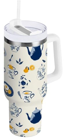 Aslsiy 40oz Tumbler with Handle and Straw Tea Set Breakfast Food (2) Insulated Stainless Steel Cup Travel Coffee Mug for Women Men