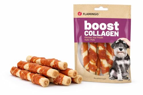 Hundeleckerli - Leckerli Hund - Flamingo Boost Stange mit Huhn & Kollagen - 12,5 cm - 5 Stück 85 g - ohne Zuckerzusatz - für Haut, Gelenke & glänzendes Fell