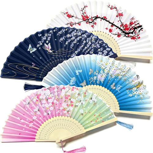 Evance 4 Pack Hand Fan Folding, Silk Fabric Folding Hand Fan, Chinese Fan, Handheld Fan for Wedding, Birthday, Performance, Dancing, Cosplay and Wall Decor