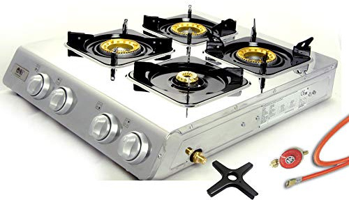 NGB-400 Edelstahl Gaskocher 4 flammig Propangas Campingkocher Turbo-Brenner + Gasherdkreuz inkl. Gasschlauch Druckminderer 50 mbar (4-flammig)