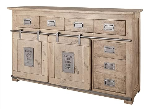 MASSIVMOEBEL24.DE|Railway breite Kommode aus Massivholz #320 | aus Mangoholz - Whitewashed, lackiert | 150x45x90 cm | 4 Fächer, 7 Schubladen - mit Schiebetüren | Sideboard Schrank