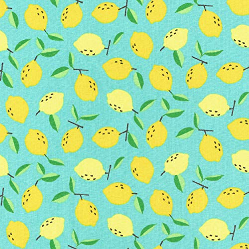 Textiles français Baumwollstoff | Saftige Zitronen Stoff - Zitronengelb, Blattgrün und Braun (Grundfarbe: Tropical Türkis) | 100% Baumwolle | Stoffbreite: 160 cm (pro Laufmeter)*