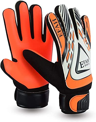 EFAH SPORTS Torwarthandschuhe für Kinder Jungen & Mädchen Fußballhandschuhe für Junioren mit extra Grip & Rutschfester Handfläche (Black/Orange, Size 2 Suitable for 4 to 5 Year Old, Beidhändig)