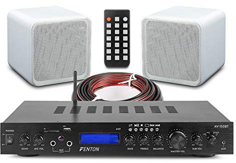 Fenton B405A Bluetooth Home Cinema System with AV-150BT Amplifier, 5-Channel Stereo Surround Sound Speakers, USB MP3 Playback, FM Radio, Remote Control & Speaker Cable Kit