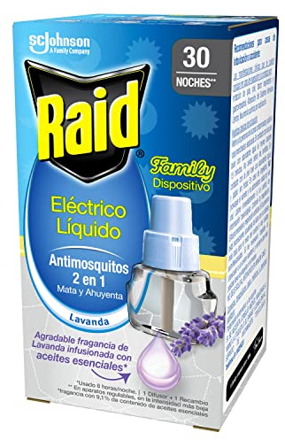 Raid Recambio Eléctrico Líquido Family Lavanda 30 noches - Cargador para aparato enchufe anti mosquitos comunes y tigre 2 en 1, mata y ahuyenta, Fragancia Lavanda