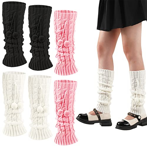 Eurzom 3 Pairs Kawaii Winter Knitted Japanese Style Leg Warmers Knee High Loose Socks Y2k Harajuku Leg Warmers for Girls(White, Pink, Black,Wool Balls)