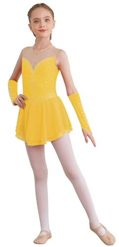 Freebily Abito da Pattinaggio Artistico sul Ghiaccio Bambina Vestito da Ballo Balletto Collo Rotondo Body Danza Classica Ballerina Leotards Vestito Ginnastica con Guanti Giallo 7-8 Anni